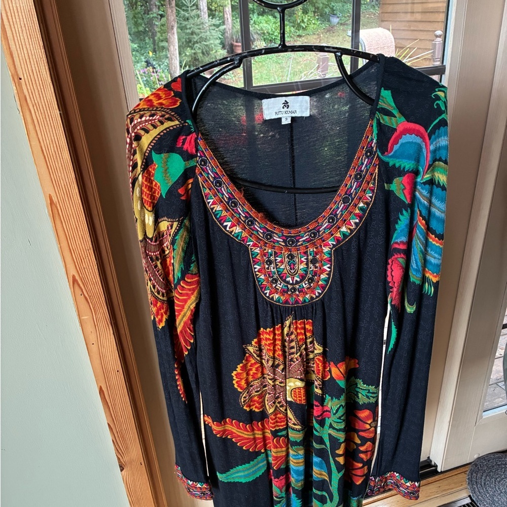 Ritu Kamur Tropical Colorful Leaf Embroider/Embellished Kurdi Sz M Tunic Dress‎